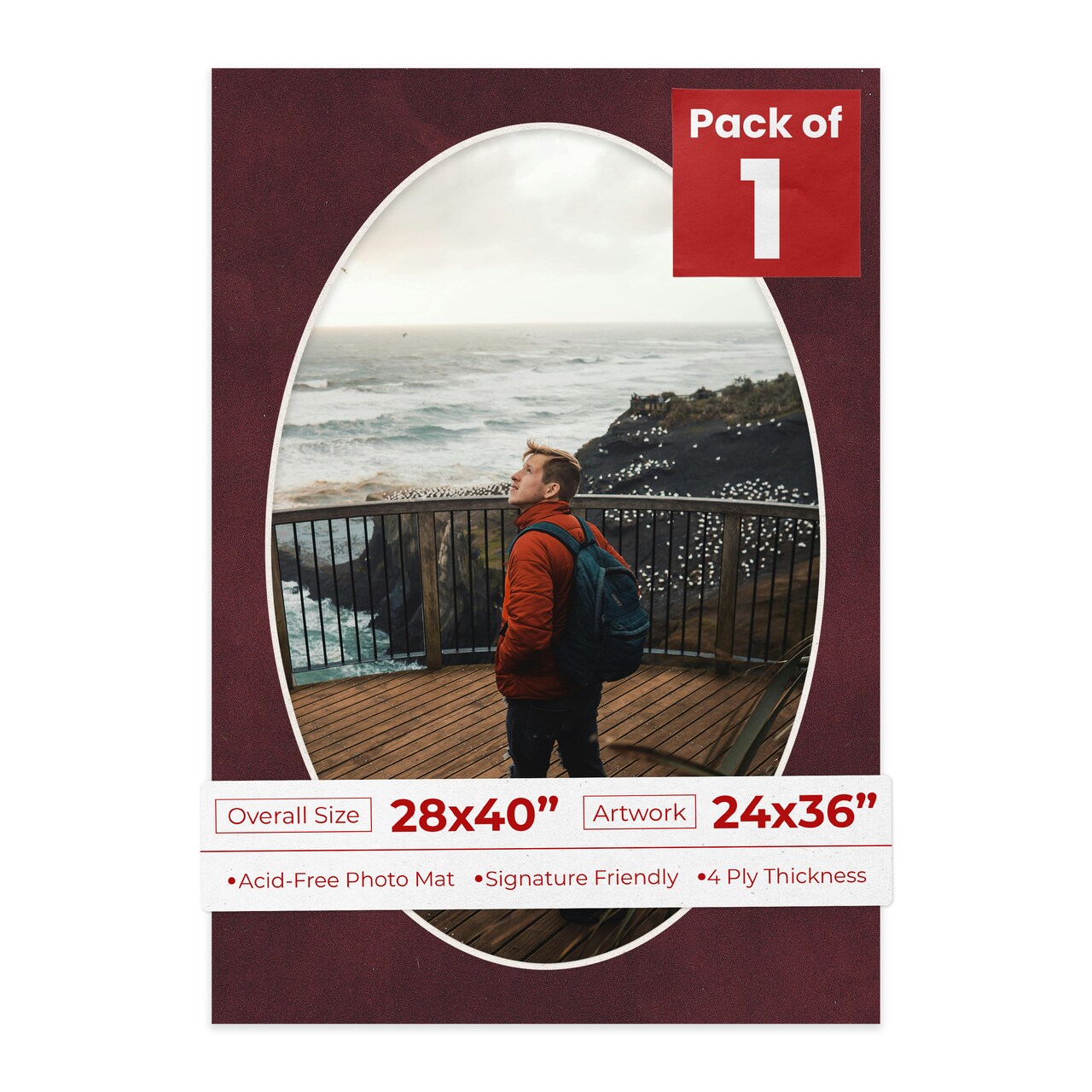 Dark Red Suede Mat Board for 28x40 Frames - Oval Opening for 24x36 Photos